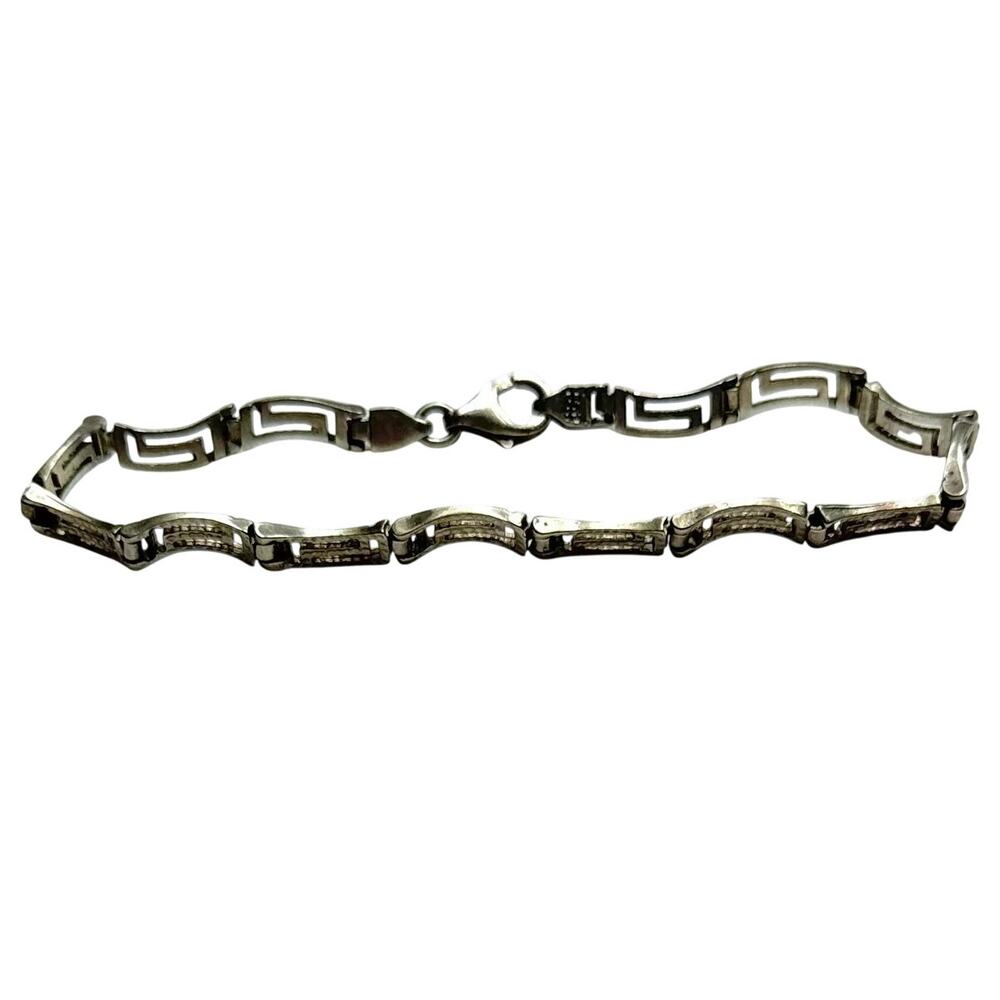 Vintage Sterling Silver Greek Key Meander Link Bracelet 925 Textured 7.5"